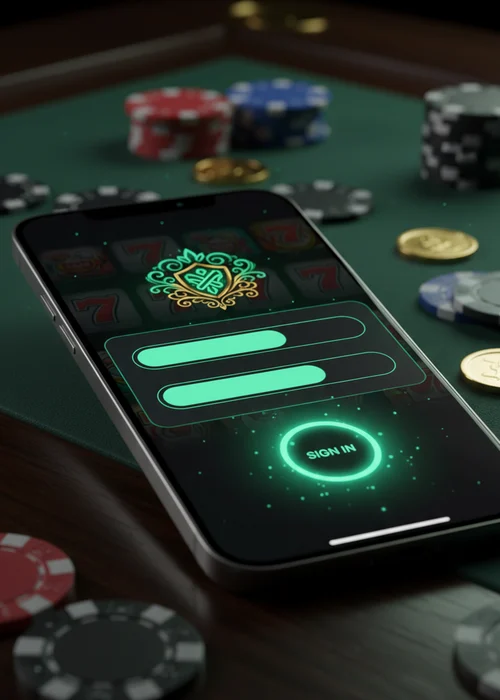 Secure Casino Gem login interface on a smartphone screen, showing fields for username and password with 2FA icon.